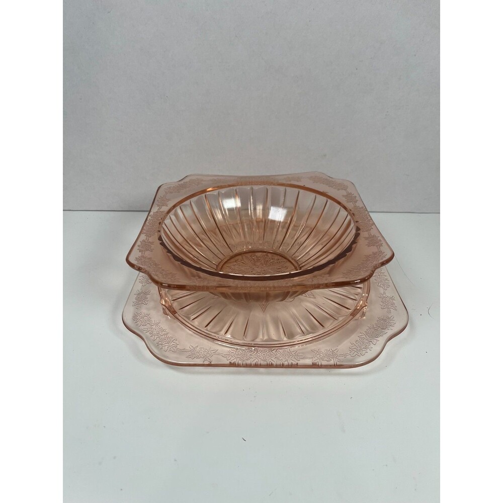 Jeannette Glass Company Adam Pink depression glass bowl and plate 1930s Vintage